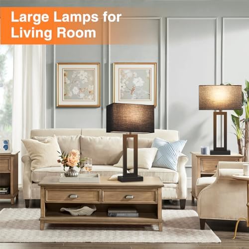 Seealle 22" Tall Living Room Lamps for Night Stands - Touch Bedside Lamp with USB C+A, 3 Way Dimmable Bedroom Lamps for End Tables Set of 2, Modern Night Stand Lamps for Bed Side(Black&Black)