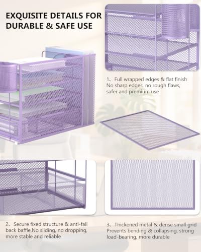 WALI Desk File Organizer, 5 Tier Desktop Paper Letter Tray Organizer with Drawer and 2 Pen Holders, Office Desk Accessories & Workspace Organizers for Office, Home Supplies(DO006DH-V), 1 Pack, Purple