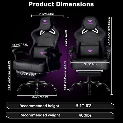 VITESSE Big and Tall Gaming Chair 400lb Weight Capacity with Footrest, Ergonomic Video Game Chair for Adults with Oversized Headrest and Lumbar Pillow, Computer Chair Gaming for Office (Black+Purple)