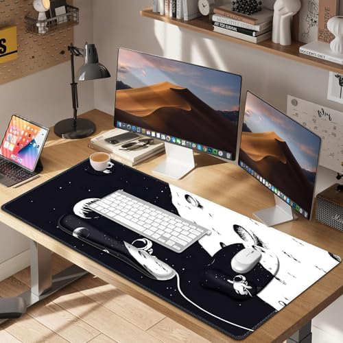 Large Mouse Pad, Keyboard Wrist Rest Set, Ergonomic, Non-slip, Washable, Wrist Support, Waterproof, 35.4 x 16 inches, Space Astronaut