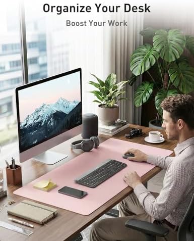 Aothia Faux Leather Desk Mat - Non-Slip PU Leather Desk Blotter, Waterproof Writing Surface, Large Desk Pad for Office & Home (Fairy Pink, 55" x 24")
