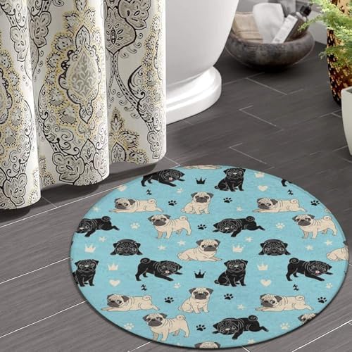 Machine Washable Modern Round Area Rug, Room Sofa Yoga Soft Round Carpet, Home Decor Non Slip Kitchen Office Circle Rug Pug Life