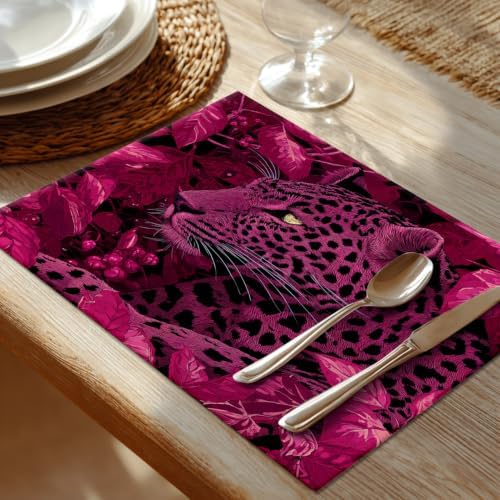 Shrahala Cute Leopard Placemats, Amaranth Leaves Pink and Black Table Mat Linen Burlap Washable Double-Deck Heat Insulation for Dining/Kitchen Table Set of 8 (12 X 18 Inch)