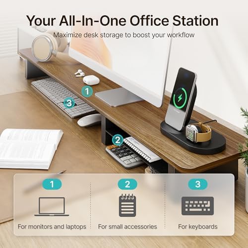 PEGZONE 46" Dual Monitor Riser, Metal Shelf Wooden Desk Organizer