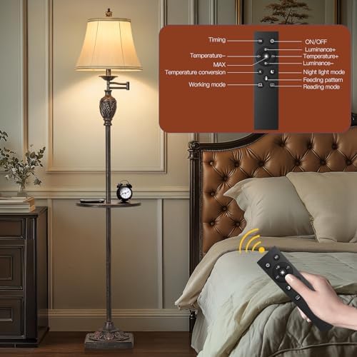 Traditional Floor Lamp withTray,Remote Dimmable,350°Swing Arm,Antique Black