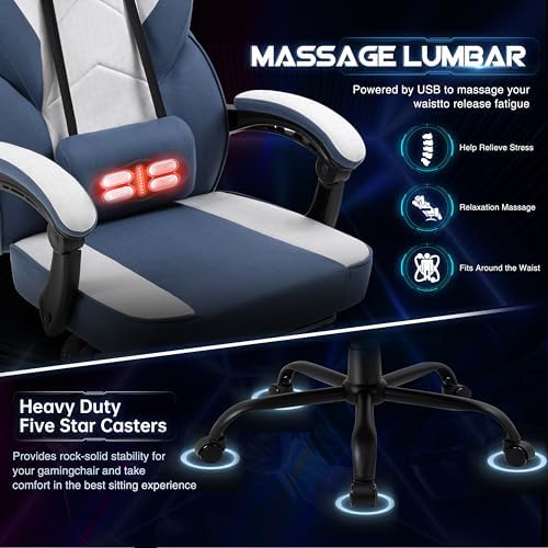 DL-win Video Gaming Chair for Adults, Computer Chair with Footrest and Ergonomic High Back, Big and Tall Gamer Chair with Massage Lumbar Support (Light Blue Fabric)