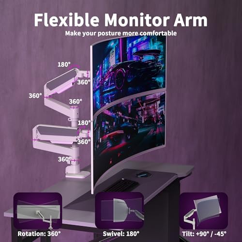 Dual Monitor Arm for 17-49 Inch Ultrawide Screens, Dual Monitor Mount Heavy Duty up to 44lbs, Adjustable Vertical Stacked Full Motion Dual Monitor Arm Desk Mount, 75/100mm VESA Mount, White