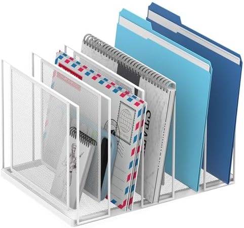 File Organizer for Desk, 5-Section Vertical File Sorter, Paper Holder Organizer Standing Metal File Folder for Office Home Classroom, White