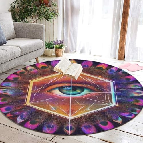 Machine Washable Modern Round Area Rug, Room Sofa Yoga Soft Round Carpet, Home Decor Non Slip Kitchen Office Circle Rug Colorful Tattoo Trippy Acid Eye, 60inch