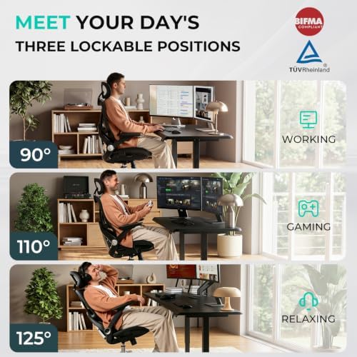 CAPOT Ergonomic Office Chair 400lbs Mesh Seat, High Back Adjustable Lumbar, 90/110/125°Backrest Lock, Flip-up Armrests, 3D Headrest, Computer Desk Gaming Chair with PU Wheels - Black