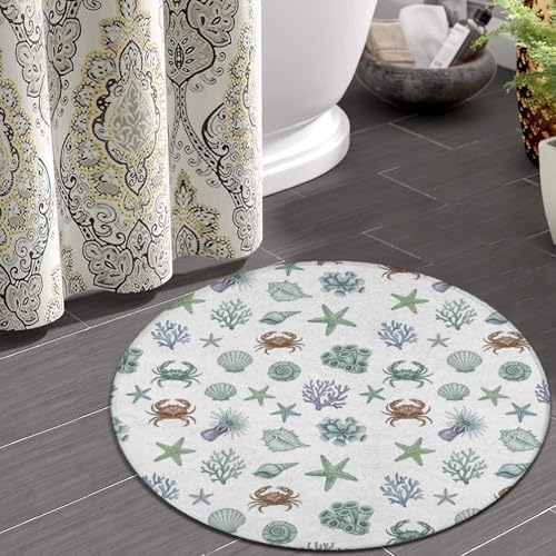 Soft Round Yoga Carpet, Large Home Decor Mat, Non Slip Machine Washable Kitchen Office Circle Rug Under Sea Ocean Starfish Shell Coral Crab Watercolor, 24inch