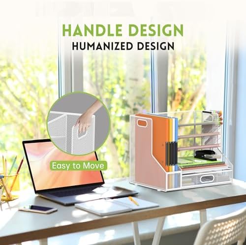5-Tier Desk Organizer with File Holder & Pen Holder & Sliding Drawer, White