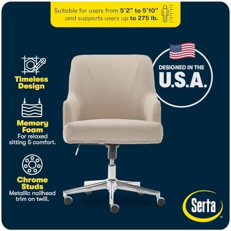 Serta Leighton Home Office Desk Chair, Mid-Back with Chrome Nailheads, Memory Foam Cushion and Padded Arms, Modern Makeup Vanity Armchair with Wheels, Swivel Base, Twill Fabric, Stoneware Beige