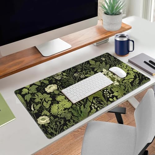 Floral Desk Mat Green Leaves Plant Desk Pad Matt for Desktop Large Gaming Mousepad XXL Full Desk Mouse Pad Computer Keyboard Mat Deskmat Aesthetic Office Desk Decor 31.5 X 15.7 Inch