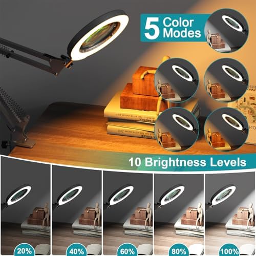 12X Magnifying Glass with Light and Stand, 5 Color Modes, Brightness Stepless Dimmable LED Lighted Magnifier Hands Free, 2-in-1 Desk Lamp & Clamp Light, Magnifier Lamp for Crafts - Silvery