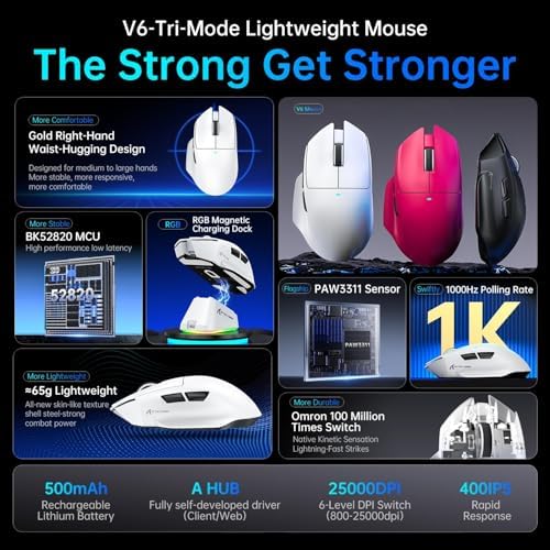 ATTACK SHARK V6 Wireless Gaming Mouse with RGB Charging Dock, 25K DPI PAW3311 Sensor, 1K Polling Tri-Mode PC Mice,500mAh Battery Cloud-Based AI Driver for Win/Mac,Black