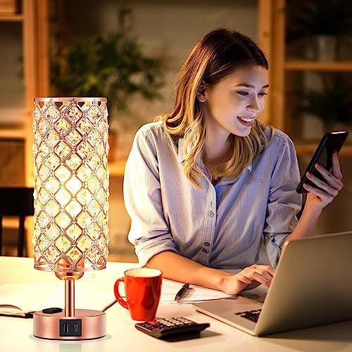 Hong-in Rose Gold Lamp Set of 2, 3-Way Crystal Table Lamp Touch Control with USB-C+A & AC Ports, Dimmable Nightstand Desk Light, Pink Bedside Table Lamp for Bedroom(Bulb Included & Set of 2)