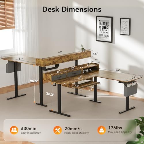 WALKINGDESK 63 Inches L Shaped Standing Desk with Keyboard Tray and 2 Drawers, L Shaped Electric Standing Desk, Adjustable L Shaped Office Desk,Corner Standing Desk for Home Office, Rustic Brown
