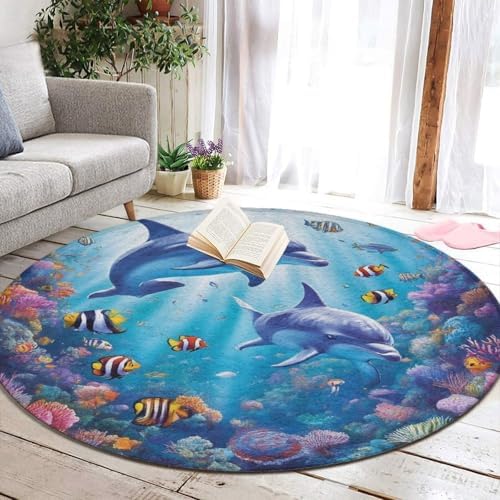 Home Decor Non Slip Kitchen Office Circle Rug, Machine Washable Modern Round Area Rug, Room Sofa Yoga Soft Round Carpet Sea Underwater Beautiful Sea World Dolphins, 24inch