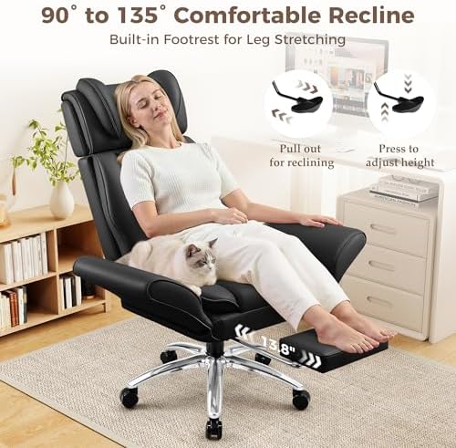 Big and Tall Office Chair, Flip Armrests for Pets & Cross Legged Sitting, Ergonomic Leather Executive Desk Chair with Foot Rest, High-Back Reclining Computer Chairs for Home Office Gaming, Black