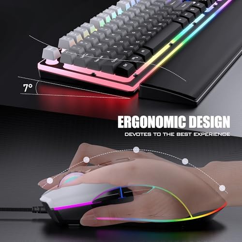 RedThunder K10 Wired Gaming Keyboard, Mouse Wrist Rest Combo, RGB Backlit, Mechanical Feel Anti-ghosting Keyboard + 7D 7200 DPI Mice+Soft Leather Wrist Rest 3 in 1 PC Gamer Accessories(Gradient Gray)