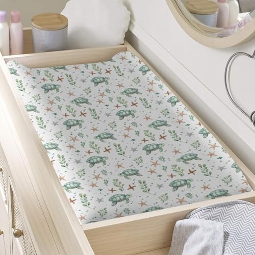 Watercolor Sea Turtle Starfish Fishes Pattern Baby Changing Pad Cover, Unisex Ocean Animals Nursery Diaper Changing Table Pad Mat Sheet for Boys Girls-16x32