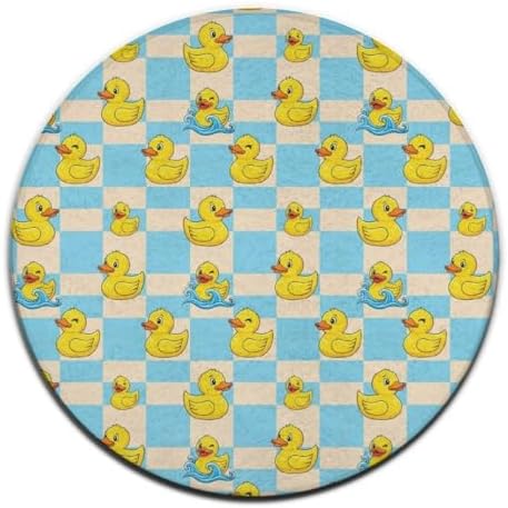 Men's Large Home Decor Mat, Soft Round Yoga Carpet, Non Slip Machine Washable Home Office Circle Rug Blue Checkered Funny Rubber Duck, 60inch