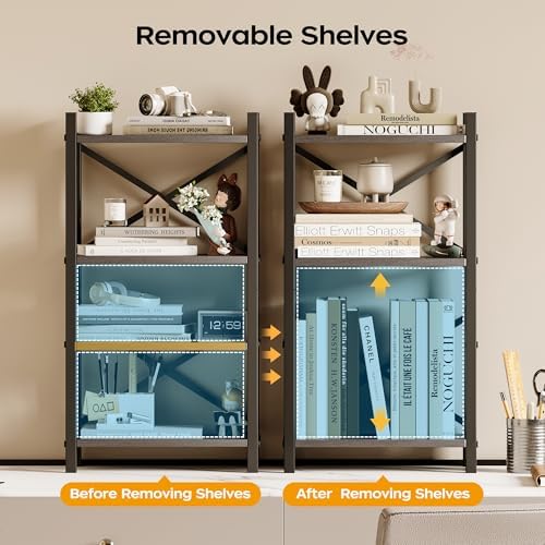 2-Pack Desktop Bookshelf, 4-Tier Stackable Narrow Bookcase, Adjustable Industrial Desk Organizer & Hutch - Rustic Brown Wood Desktop Book Organizer for Living Room, Bedroom & Home Office