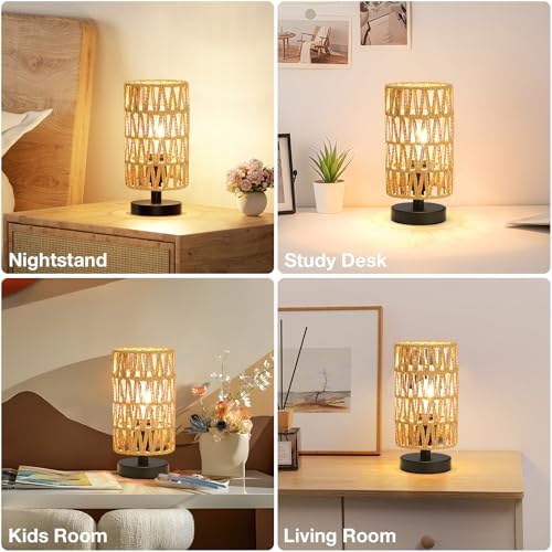 Table Lamps Set of 2 (Rattan Rope Shade - Black Base, 9" Inline Control)