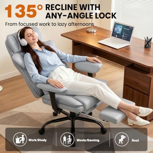 Office Desk Chair, Big and Tall Gaming Chair with Foot Rest, Ergonomic High Back Computer Chair with Soft Adjustable Armrests, Lumbar Support Pillow, Executive Leather Chair (PU, Grey)