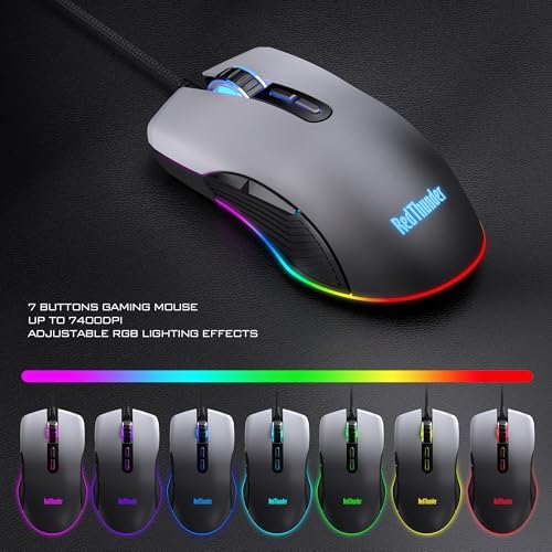 RedThunder K10 Wired Gaming Keyboard, Mouse Wrist Rest Combo, RGB Backlit, Mechanical Feel Anti-ghosting Keyboard + 7D 7200 DPI Mice+Soft Leather Wrist Rest 3 in 1 PC Gamer Accessories(Gradient Gray)