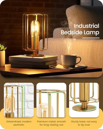 Industrial Table Lamp, 8.5" Small Brass Table Lamp with Dimmable 2400K Warm Light LED Bulb, Vintage Brass Desk Lamp, Gold Bedside Lamp for Bedroom, Study, Office, Small Space, D05TL05