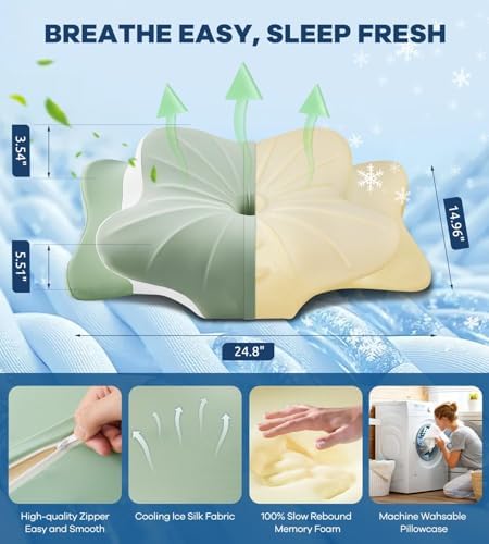 DONAMA Cervical Pillow for Neck and Shoulder Pain Relief, Cooling Contour Memory Foam Pillow, Dual-Height Ergonomic Neck Support Pillow for Side Back Stomach Sleepers with Removable Pillowcase