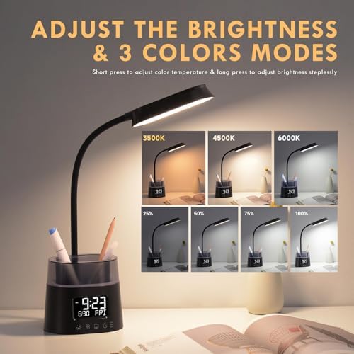Led Desk Lamp with Pen Holder, Touch Lamps for Nightstand Eye-Caring Bedside Reading Light with Clock, Office Lamps Stepless Dimming, Lamp for Dorm Room, Suitable for Kid/Girl/Boy (Black)