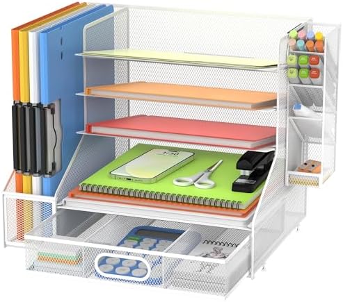 5-Tier Desk Organizer with File Holder & Pen Holder & Sliding Drawer, White