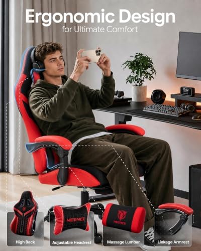Ergonomic Gaming Chair with Footrest for Adults, Leather Mesh Red