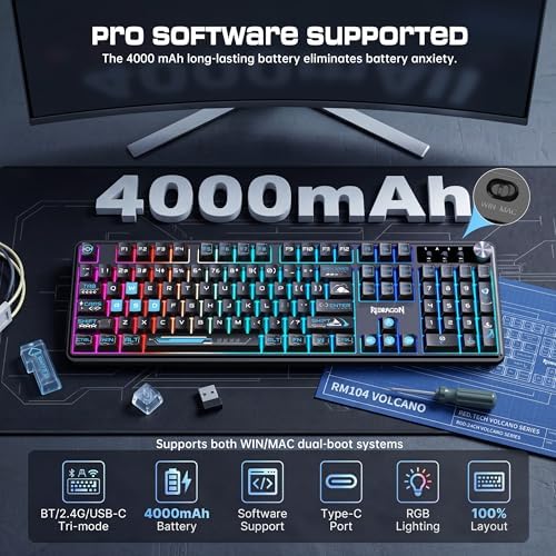 Redragon RM104 Wireless Gaming Keyboard with Knob, Tri-Mode BT/2.4G/USB-C RGB Computer Keyboards, 4000mAh Battery, Programmable Software Support, Anti-Ghosting, Compatible with PC Mac - Black & Blue