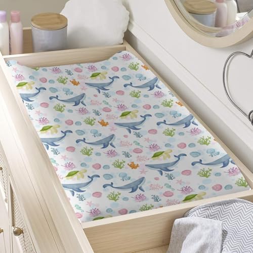 Colorful Sea Animals Whales Sea Turtle Starfish Seashells Baby Changing Pad Cover,Unisex Ocean Nursery Diaper Changing Table Pad Mat Sheet for Boys Girls-16x32