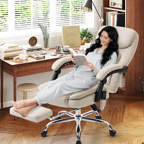 500LBS Massage Office Chair, Reclining 6 Points Vibration and Heat Desk Chair with Foot Rest, Ergonomic Executive Office Chairs, Comfy Wider & Thicker Seat, Big and Tall Gaming Chair, PU Leather Beige
