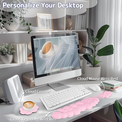 Sushret Cloud Wrist Rest Keyboard, Cloud Keyboard Wrist Pad Set with PU Leather Memory Foam, Cute Arm Rest for Palm Support, PC/Gaming Desk Accessories/Office Setup/Computer Hand Cushion - Pink
