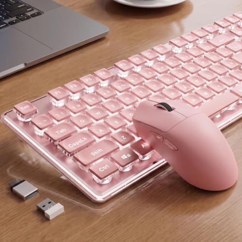 Wireless Keyboard and Mouse Combo, White Backlit, Rechargeable - Pink