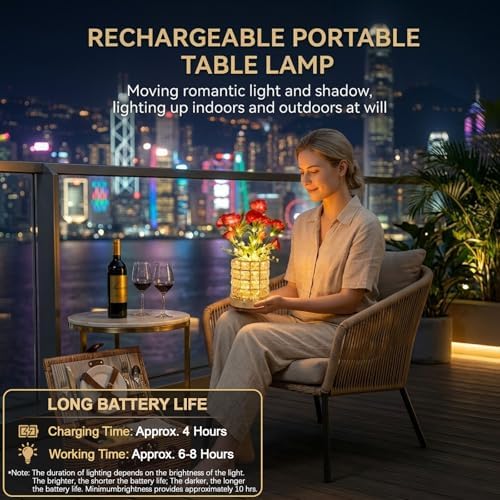 Flower Table Lamps, Rechargeable Cordless Small Desk Lamp, 3 Colors Dimmable Artificial Flowers Night Light, Fake Bouquet Carnation with Crystal Vase Gifts for Girl Women Mom (Red - Carnation)