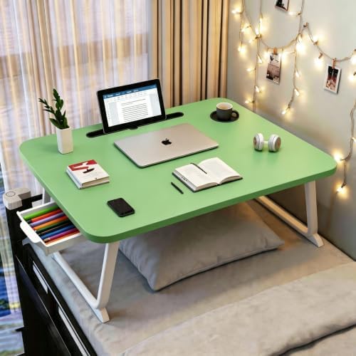 27.6" Home Office Folding Lap Desk with Drawer, Tablet Slot, Cup Holder - Fits up to 18 Inch Laptops, Bed Desk for Reading, Writing, Eating, Portable Laptop Table for Sofa, Coach, Floor (Green)