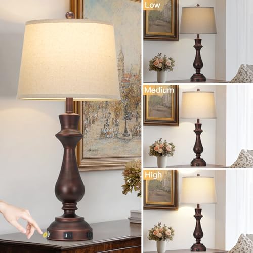Vintage Table Lamp for Living Room,30" Tall Bedside Lamp with USB Charging Port,3-Way Dimmable Touch Nightstand Lamp for Bedroom Desk Side Table Office,Brown-1P