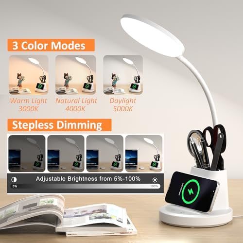 LED Desk Lamp with Wireless Charger for Home Office, White