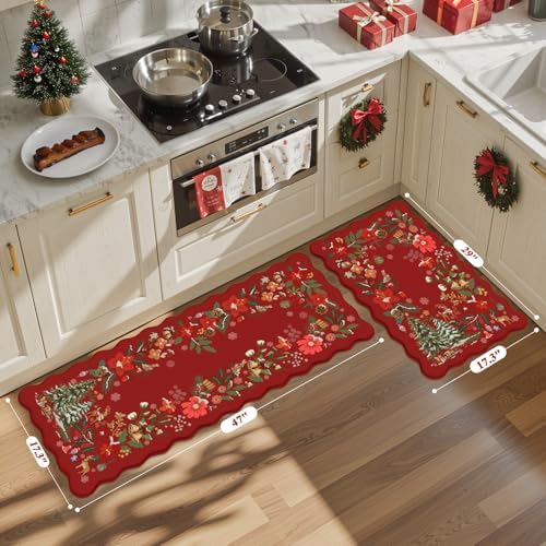 KIMODE Anti Fatigue Kitchen Mats for Floor, Christmas Decor Kitchen Rugs Sets of 2, Cushioned Kitchen Floor Mats Non Slip, Red Rugs for Kitchen Floor Christmas Decorations Laundry Desk 17"x47"+17"x29"