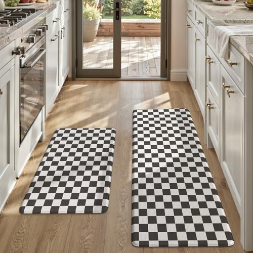 KIMODE Anti Fatigue Kitchen Mat for Floor,Black and White Plaid Kitchen Rug