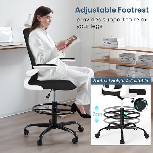 Drafting Chair, Tall Office Chair with Flip-up Armrests Executive Ergonomic Computer Standing Desk Chair, Office Drafting Chair with Lumbar Support and Adjustable Footrest Ring