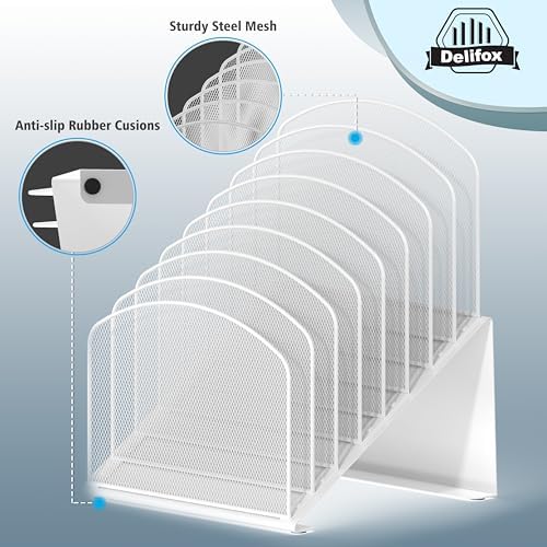 Inclined Desk File Organizer, 8-Section Upright Desk Organizer Standing File Sorter for Office Classroom Desktop Organization (White)