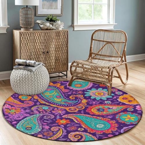 Large Home Decor Mat, Soft Round Yoga Carpet, Non Slip Machine Washable Kitchen Office Circle Rug Colorful Bohemian Flower Boho Floral Paisley